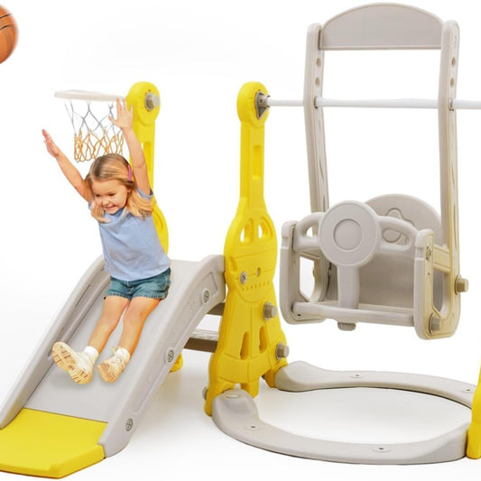 Children's Slide, 4-in-1 Indoor & Outdoor Slide, Freestanding Slide with Basketball Hoop & Height-Adjustable Swing, Garden Slide, Children's Playground, Yellow