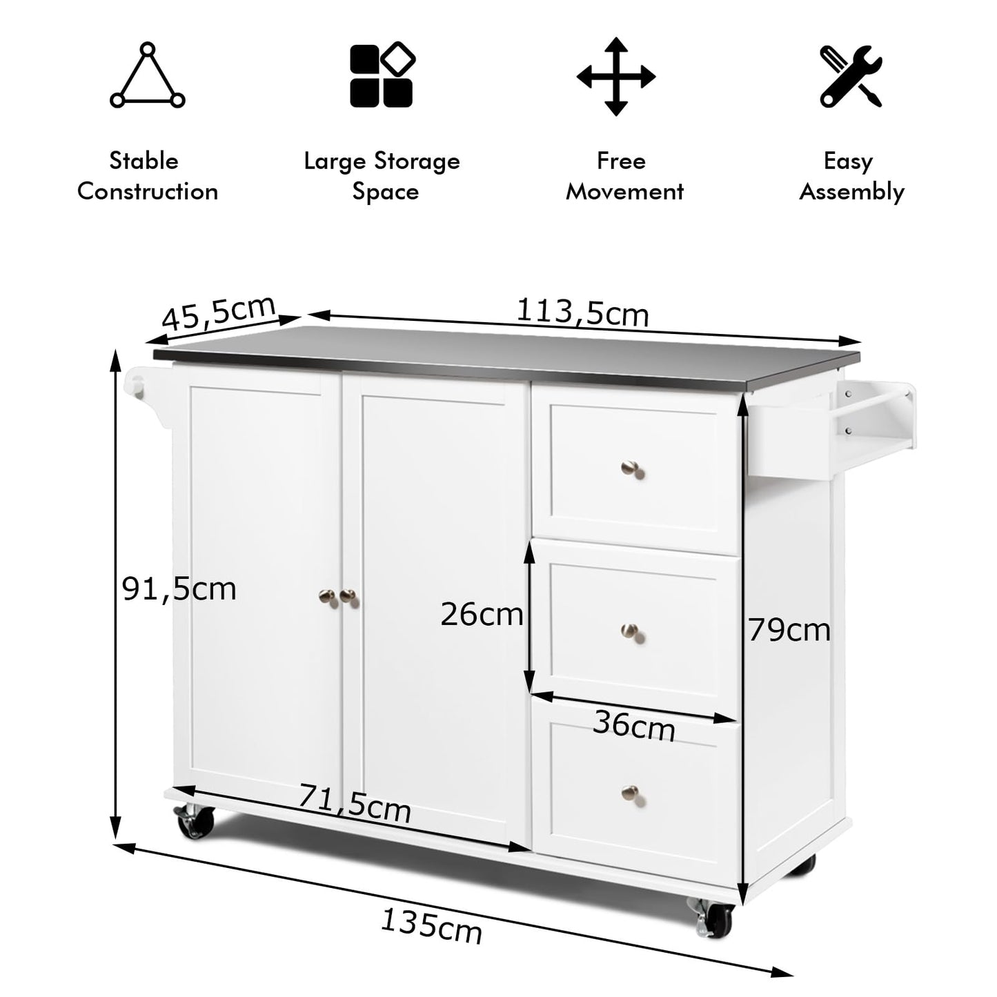 KOMFOTTEU Movable Kitchen Island with Stainless Steel Worktop, Kitchen Trolley with 3 Drawers & Towel Rail & Adjustable Shelf, Kitchen Cabinet on Wheels, Kitchen Trolley 135 x 45.5 x 91.5 cm (Black)