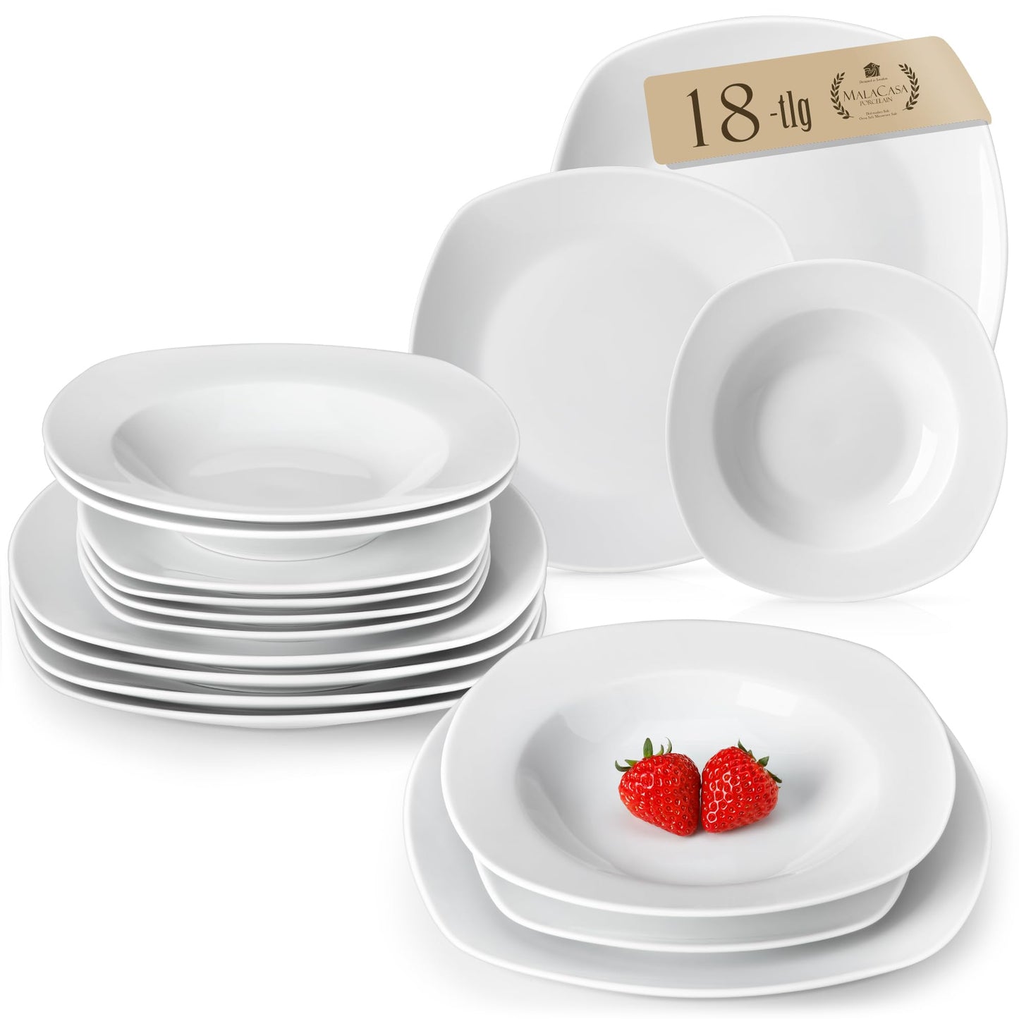 MALACASA Elisa Series Crockery Set for 12 People, 48-Piece Plate Set, Dinner Service Set with 12 Soup Plates, 12 Cake Plates, 12 Dinner Plates and 12 Cereal Bowls, Porcelain Crockery Set in Light Grey