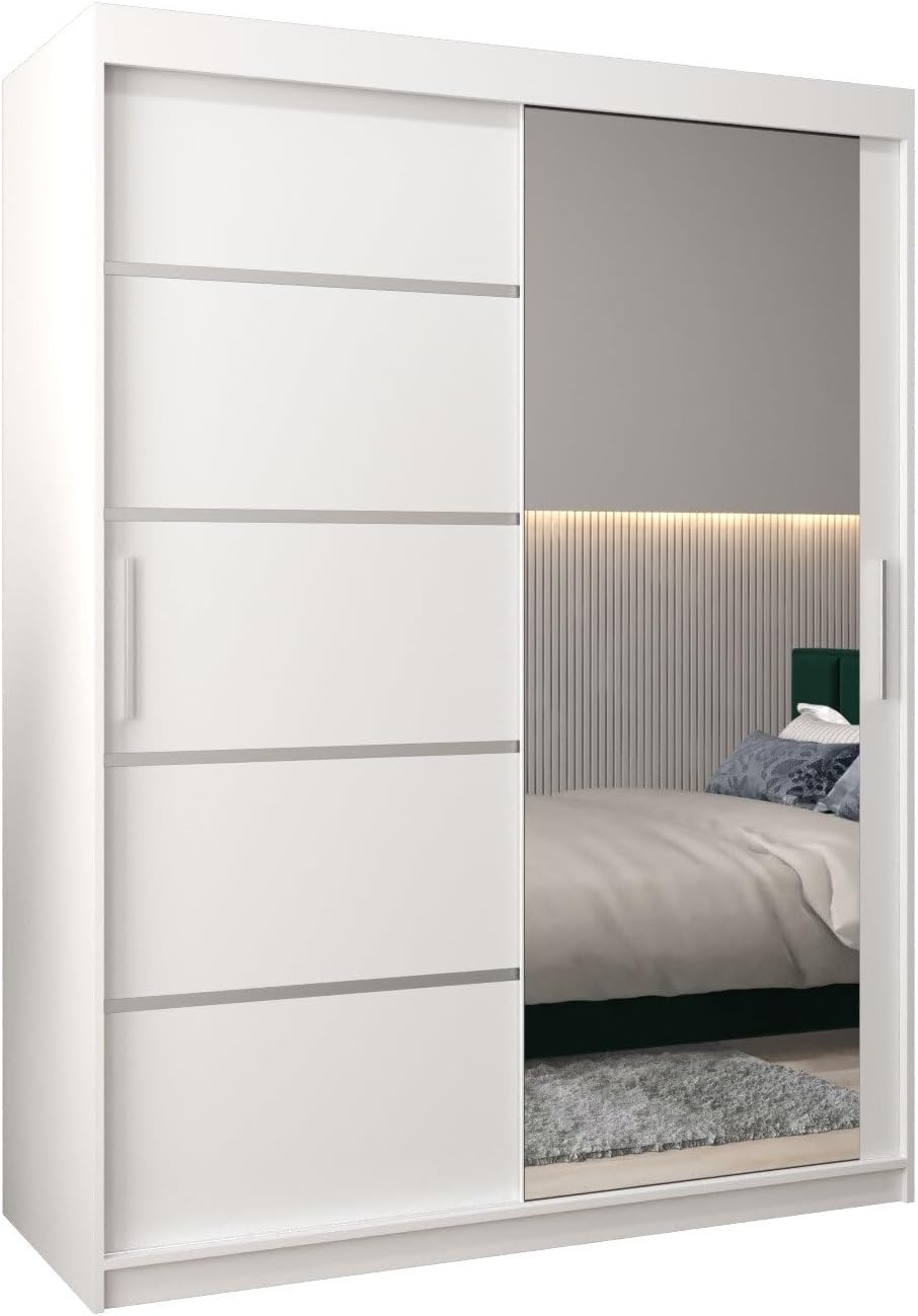 MEBLE KRYSPOL Kleiderschrank mit Spiegel Verona 2 - Garderobenschrank - Schrank Schlafzimmer - Mehrzweckschrank DREI Schiebetüren - Regalen - Flur Möbel - Kleiderstange Schrank - Allzweckschrank