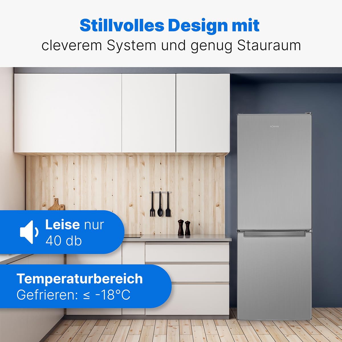 Bomann® Fridge with Freezer 143 cm High, Cool Freezer Combination 173 L with 3 Shelves and 3 Drawers, Door Hinge Changeable, Quiet Fridge Freezer Combination 40 dB, Refrigerator, KG 7331 inox