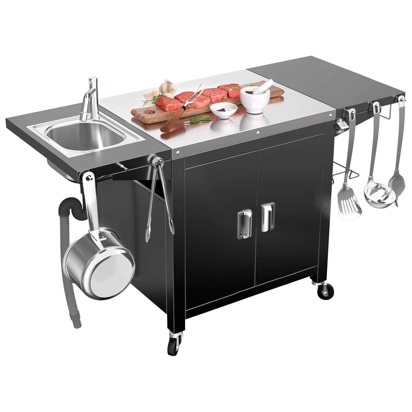 GFTIME Barbecue Trolley, 154 x 63 x 89 cm, Outdoor Kitchen Trolley, Outdoor Kitchen, Grill Table for Onni Pizza Ovens, Outdoor Kitchen for Ninja Woodfire and Weber Q Series, Mobile Pizza Oven Table