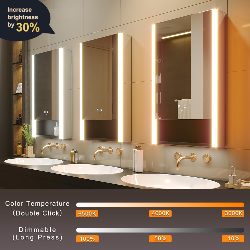 KWW LED Beleuchtetes Badezimmer Medizin Kabinett mit Spiegel, Farbtemperatur Einstellbar, Anti-Nebel Dimmbare Lichter, Steckdosen für USBs (75 x 70 cm)