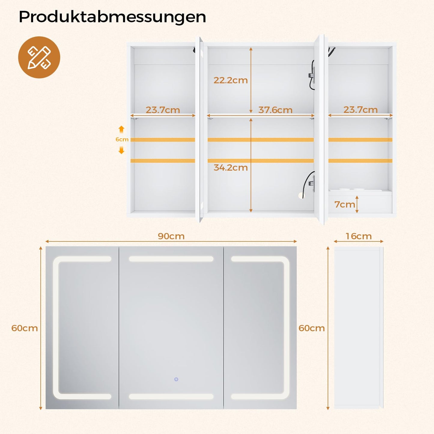 mojiasion Bathroom Mirror Cabinet 100 cm Wide with LED Lighting, Socket & 3 Colour Temperatures Dimmable Bathroom Cabinet with Touch Sensor 60 x 100 x 16 cm (H x W x D) Mirror + 3 Adjustable Shelves
