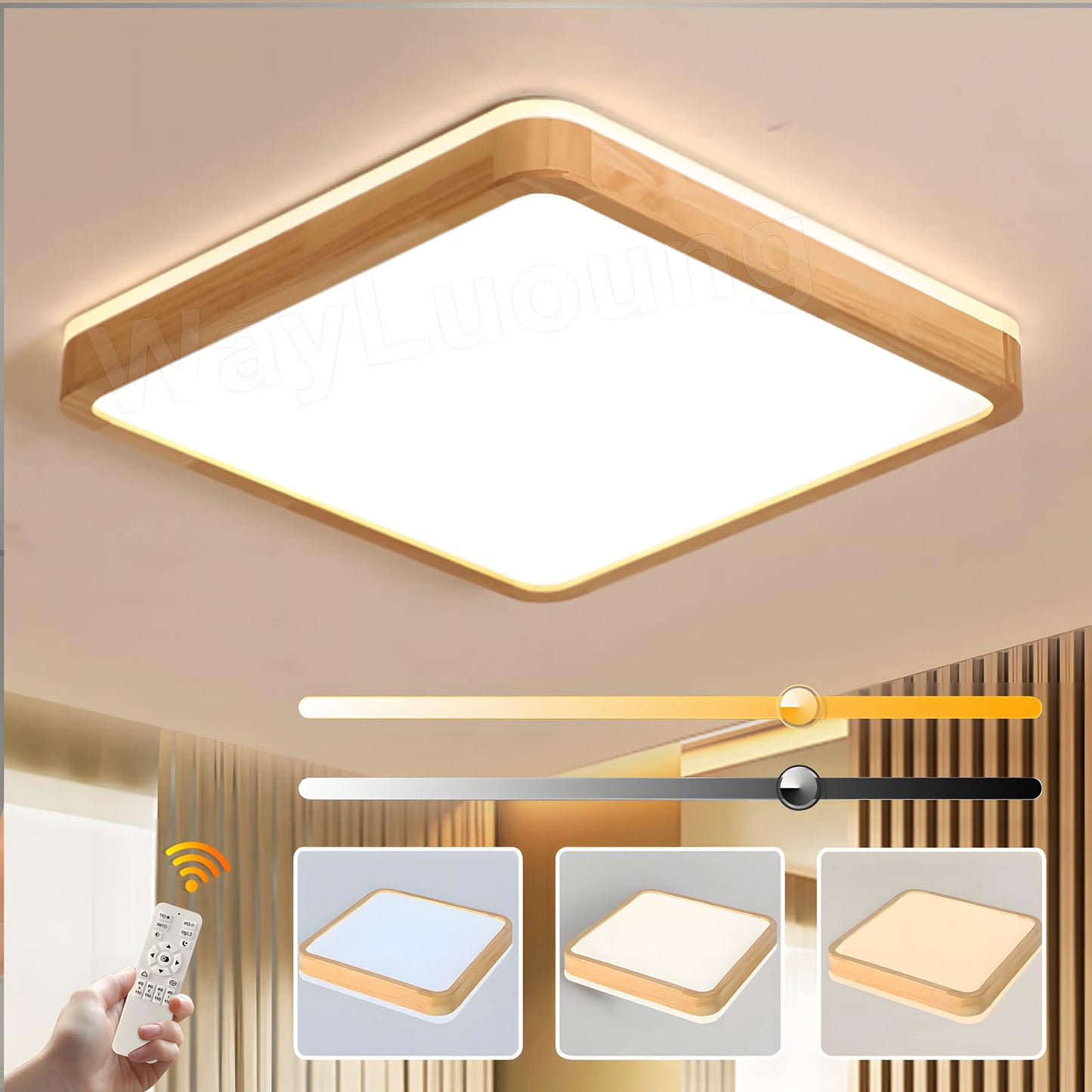 LED Wooden Ceiling Light, Diameter 30 cm, 3000 K, 1620 lm, 18 W, Ceiling Light with Square Top, 360° Luminous Natural Wood, Bedroom, Living Room, Children's Room, Kitchen, Dining Room (Warm White)