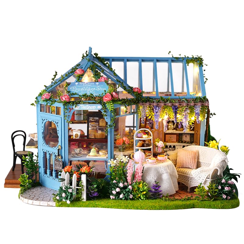 Endless Limit DIY Miniatur Haus Bausatz für Erwachsene,Puppenhaus Gewächshaus mit LED Licht,3D Puzzle Buchstütze aus Holz Modellbausatz Bastelset Bücherregal Deko Geschenken (Rose Garden Tea House)