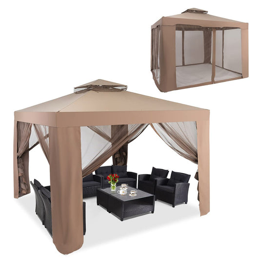 RELAX4LIFE 3 x 3 m Gazebo, Garden Gazebo with Iron Frame & Mosquito Net, Garden Tent with 4 Side Walls & Double Roof, Waterproof & Sunproof Party Tent for Party Camping (Brown)