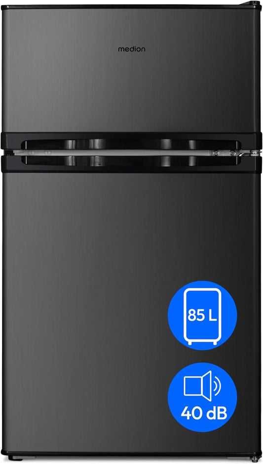MEDION MD 37689 Mini Fridge-Freezer Combination (85 Litres, 61 L Fridge Compartment, 24 L Freezer, Freestanding, 40 dB, Transparent Vegetable Drawer, Interchangeable Door Hinge, Grey