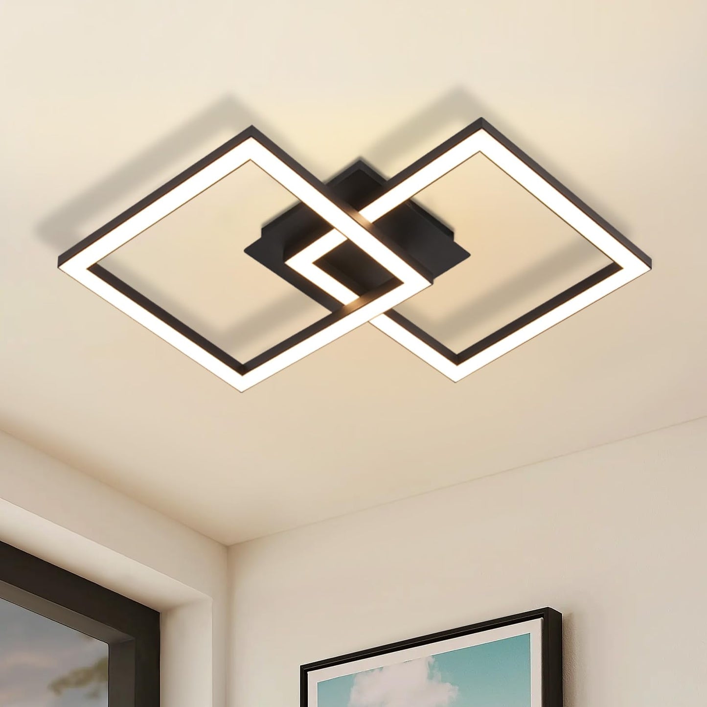 Homefire LED Ceiling Light, Kitchen, 24 W, Kitchen Lamp, Black, Living Room Lamp, Modern Design, Hallway Lamp, Warm White, Hallway, Bedroom Lamp, Square, for Living Room, Bedroom