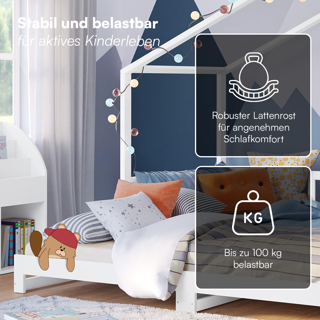 Bellabino Bia Children’s Bed, 90 x 200 cm, Children’s House Bed incl. Fall Protection and Rolled Slatted Frame, Montessori Floor Bed, White, Solid Pine Wood