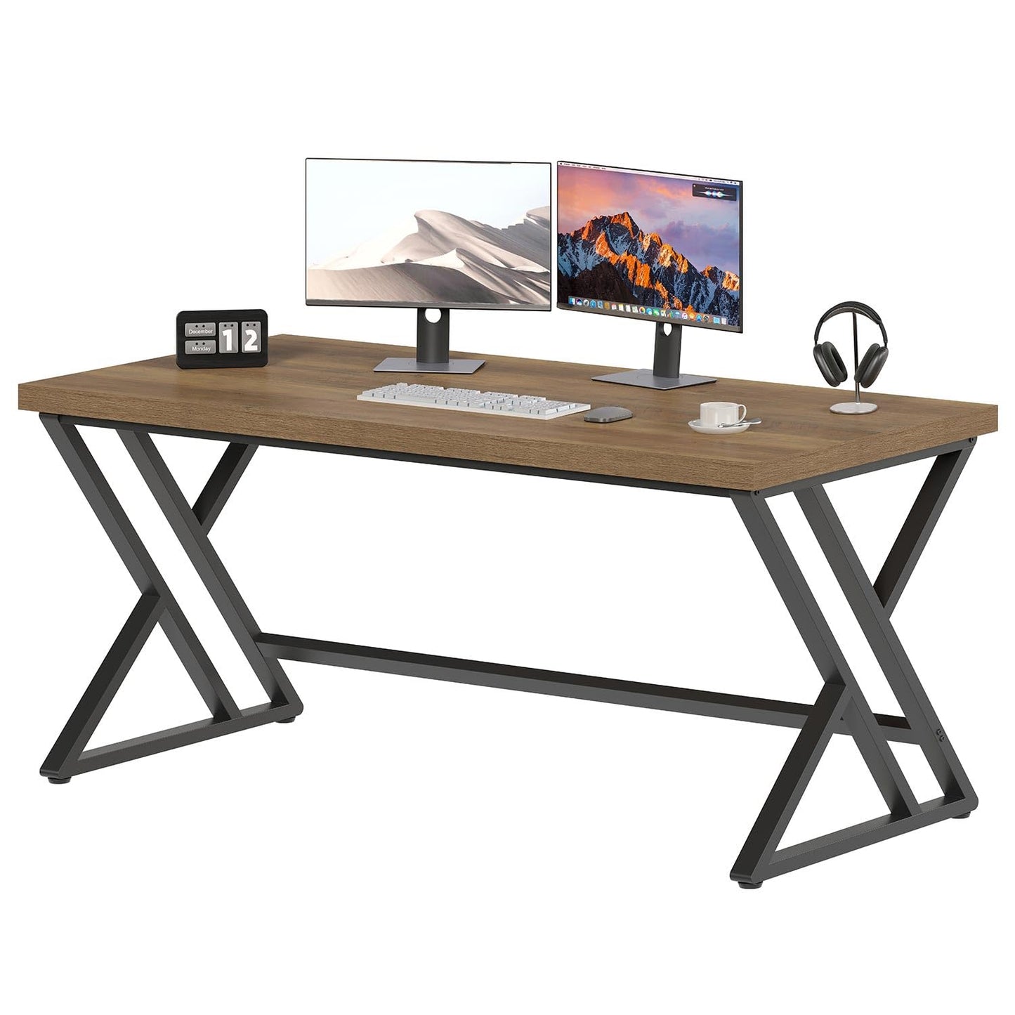 LVB Modern Computer Desk Industrial Home Office with Storage Space Metal Wood Desk Study Computer Desk for Bedroom Simple Gaming Desk Rustic Brown
