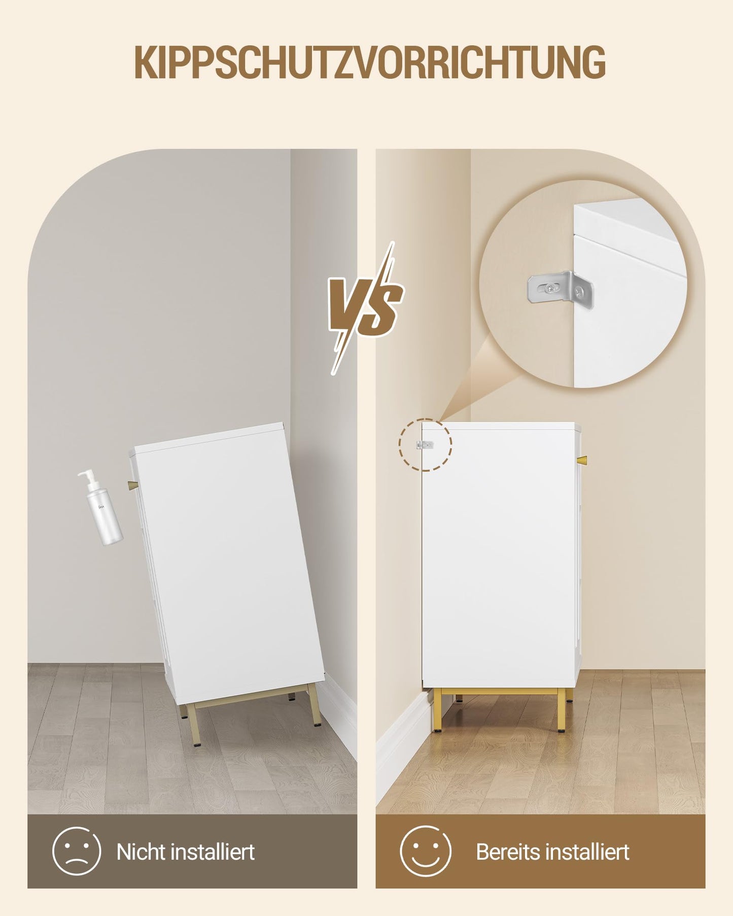 Hzuaneri SC10203G Bathroom Cabinet, Kitchen Cabinet with 2 Doors, Side Cabinet, Sideboard with Open Compartment, Chest of Drawers, Adjustable Shelf, Bathroom, 35 x 100 x 75 cm, White Gold