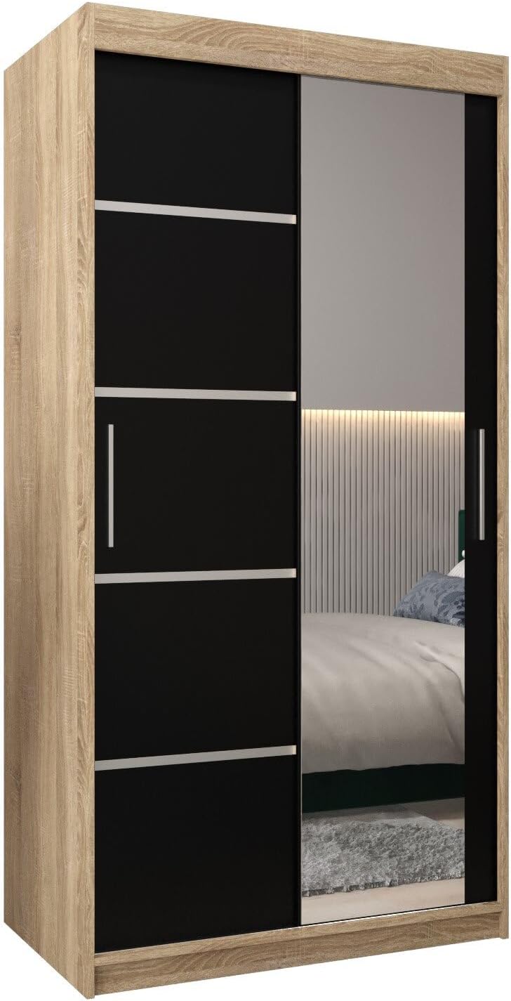 MEBLE KRYSPOL Verona 2, 250 cm Bedroom Wardrobe with Three Sliding Doors, Mirror, Clothes Rail and Shelves, 250 x 200 x 62 cm, Matt Black