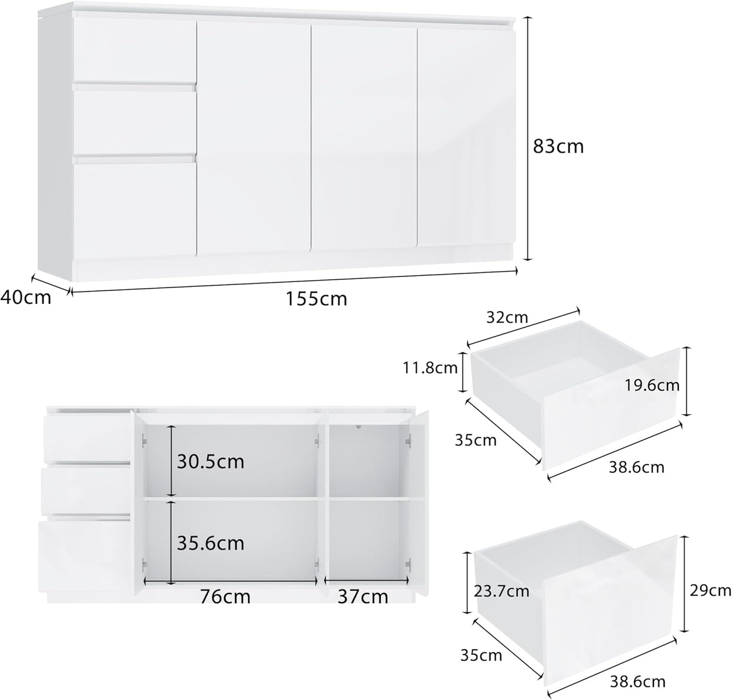 Caldion Kitchen Sideboard, Kitchen Cabinet, 3 Drawers and 3 Doors, Glossy, for Kitchen, Storage Cabinet with Doors, Entrance Area, Living Room, 155 x 40 x 83 cm, White