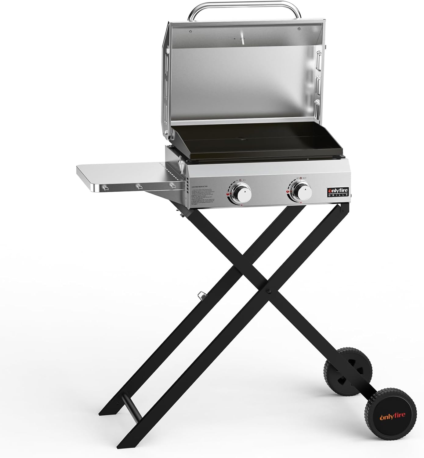 Onlyfire 2-Burner Gas Barbecue Small Stainless Steel 4.7 kW with Foldable Trolley, Side Shelves and Grill Grate, Garden Grill, Outdoor Gas Grill for Balcony Camping