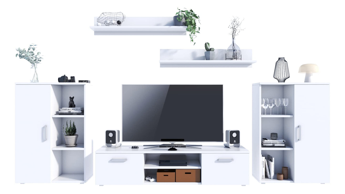 MATKAM Herkules II Wall Unit, Modern Living Room Cabinet with TV Table, Sideboard and Wall Shelf, Living Room Complete Furniture (White/Black)
