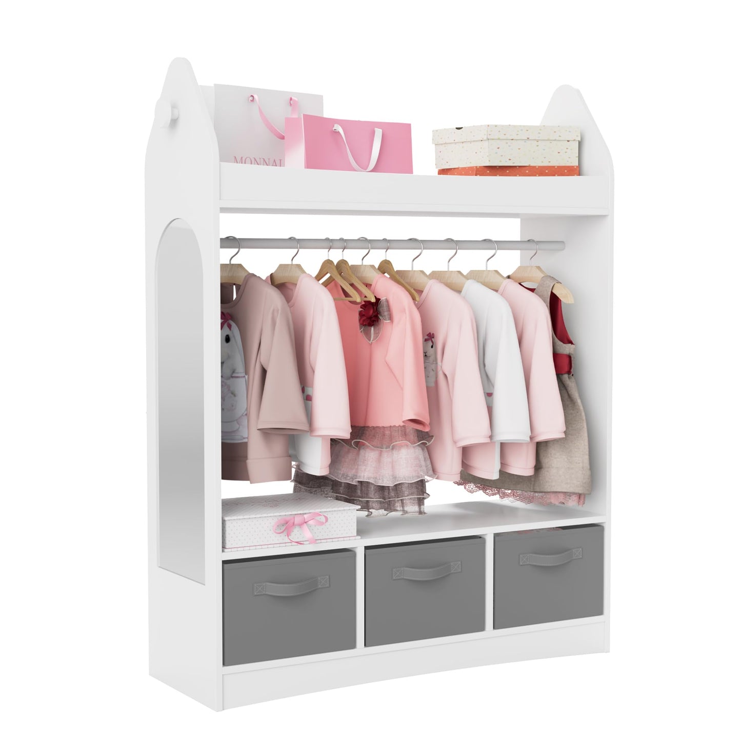 Children's Clothes Rack with Mirror, Clothes Rail with Shelves, Children's Wardrobe Wood, Children's Shelf for Children's Room, 81 x 28 x 106.5 cm (Clouds with 2 Drawers, White)