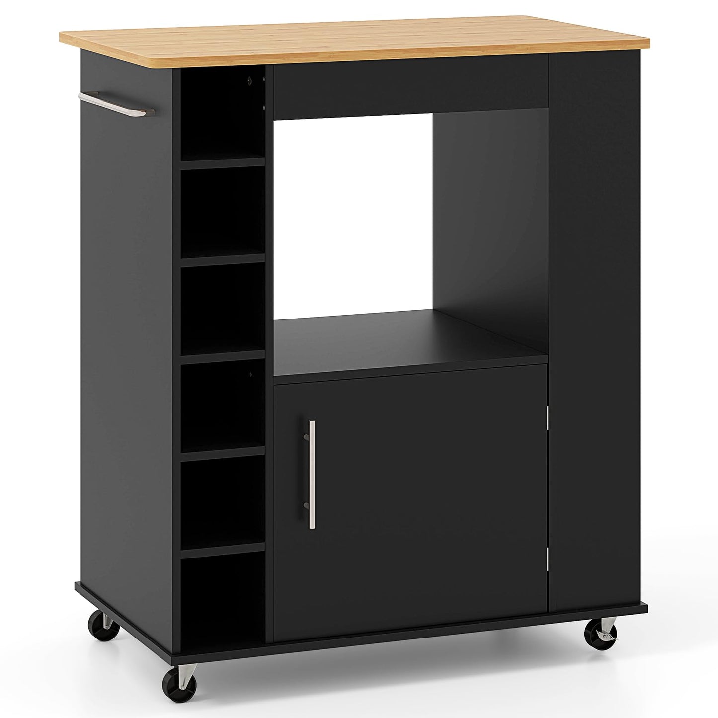 COSTWAY Kitchen Trolley on Wheels, Serving Trolley with Worktop & Towel Holder & Spice Racks, Wine Rack for 6 Bottles, Kitchen Island Wood, Kitchen Cabinet Rollable, for Kitchen, Dining Room, Bar