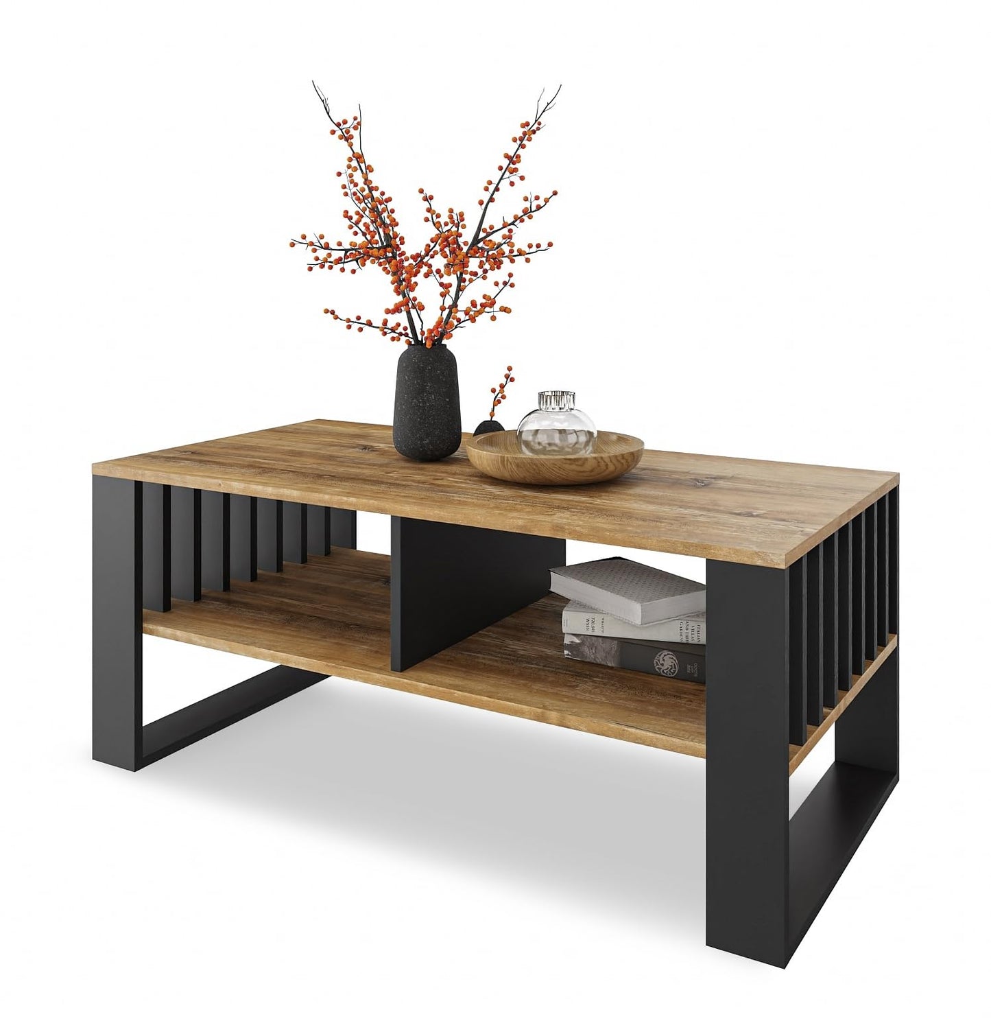 Meble Pitus Coffee Table White - Modern Living Room Table 90 x 50 x 50 cm with Storage Space & Slat Design