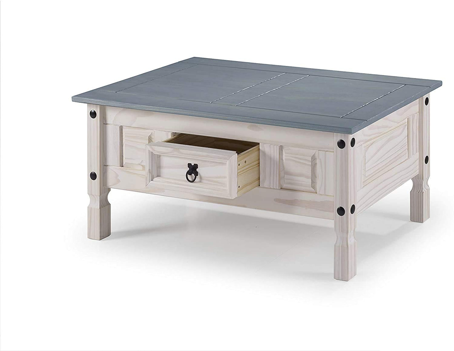 SAM Cancun Coffee Table Solid Pine Wood Side Table with Drawer White Varnished Honey Top Plate Black Metal Handle Mexico Furniture