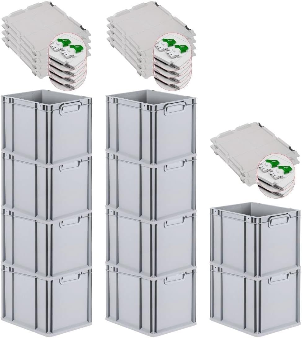 PROREGAL SuperSparSet 3 x Eurobox NextGen Grip with Lid and Yellow Clasps, H x W x D 32 x 40 x 60 cm, 65 Litres, Open Handles, Reinforced Base, Euro Container, Transport Box