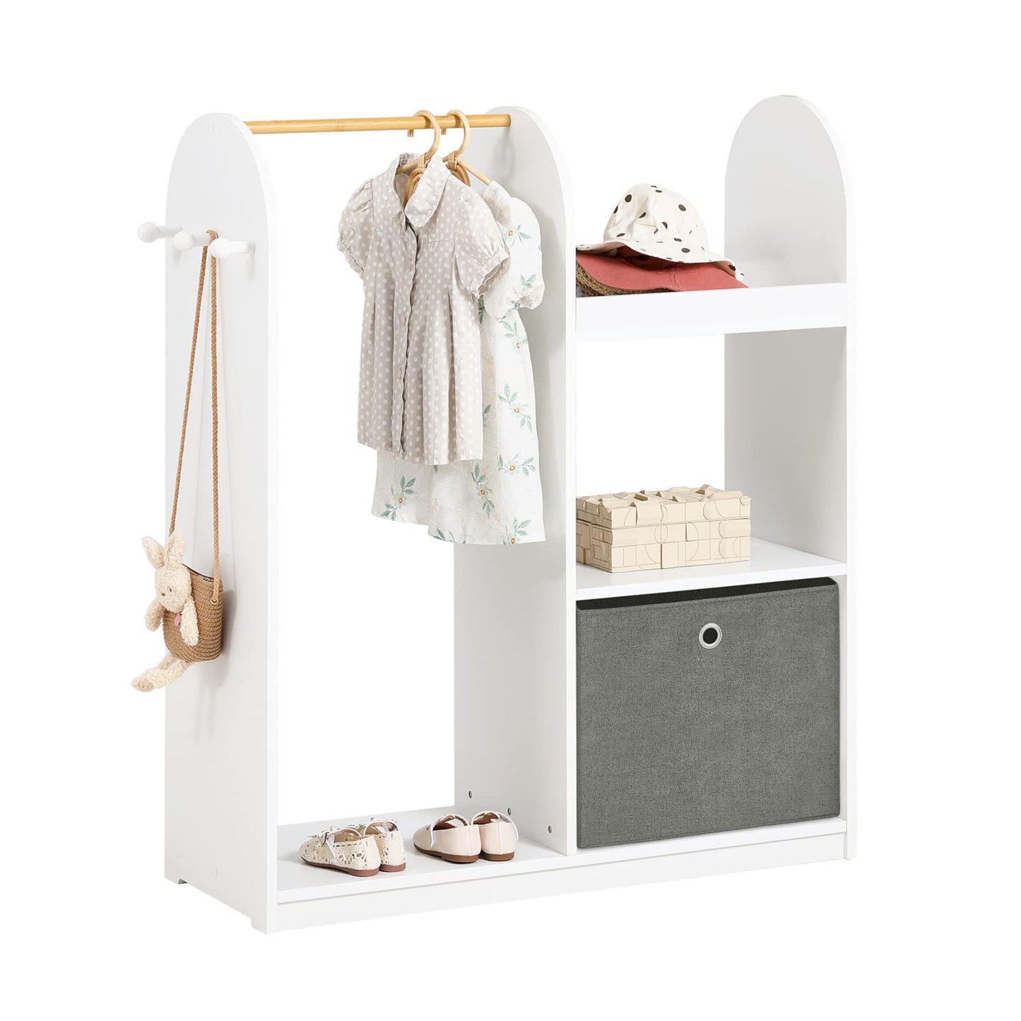 SoBuy KMB40-W Children's Wardrobe with 3 Hooks Children's Wardrobe Children's Wardrobe with Boxes Clothes Rack Children's Shelf Children's Room White 97 x 108 x 35 cm