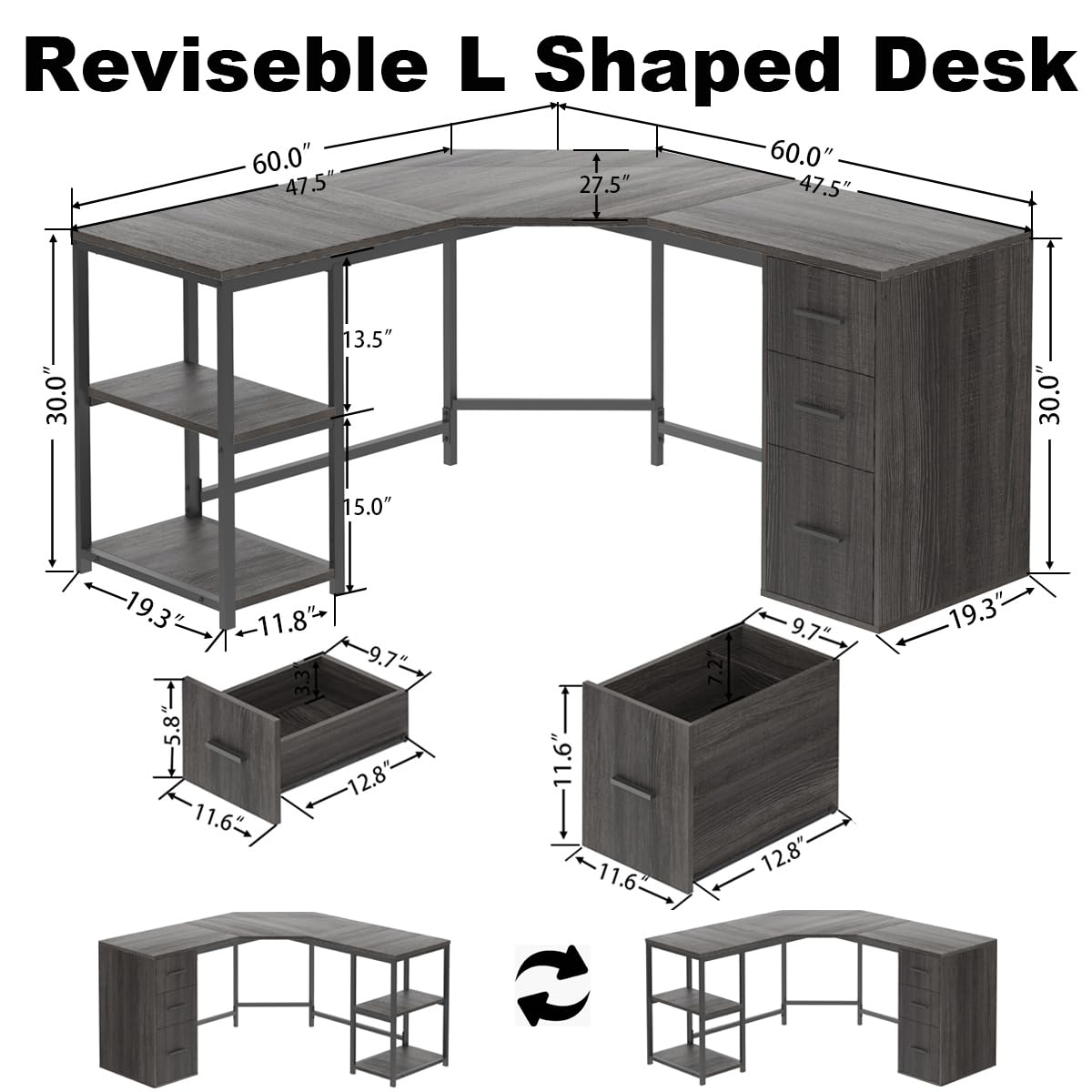 LVB White L Shaped Corner Desk with Drawers, Reversible Modern L Shaped Computer Desk with Storage Cabinets, Large L Shaped Wooden L Shaped Desk Metal L Shape