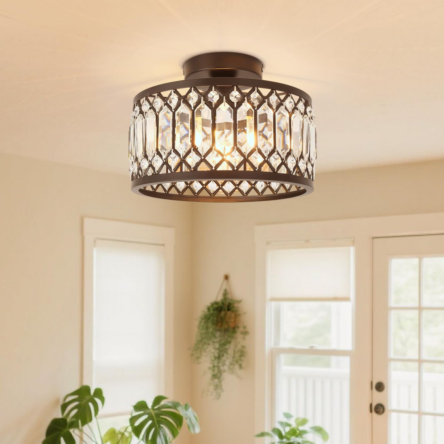 ANWIO Ceiling Light Living Room, Modern Crystal Ceiling Light Black Living Room, E27 Crystal Chandelier Bedroom with Glass Lampshade for Dining Room, Kitchen, Hallway, Office, Diameter 27 cm