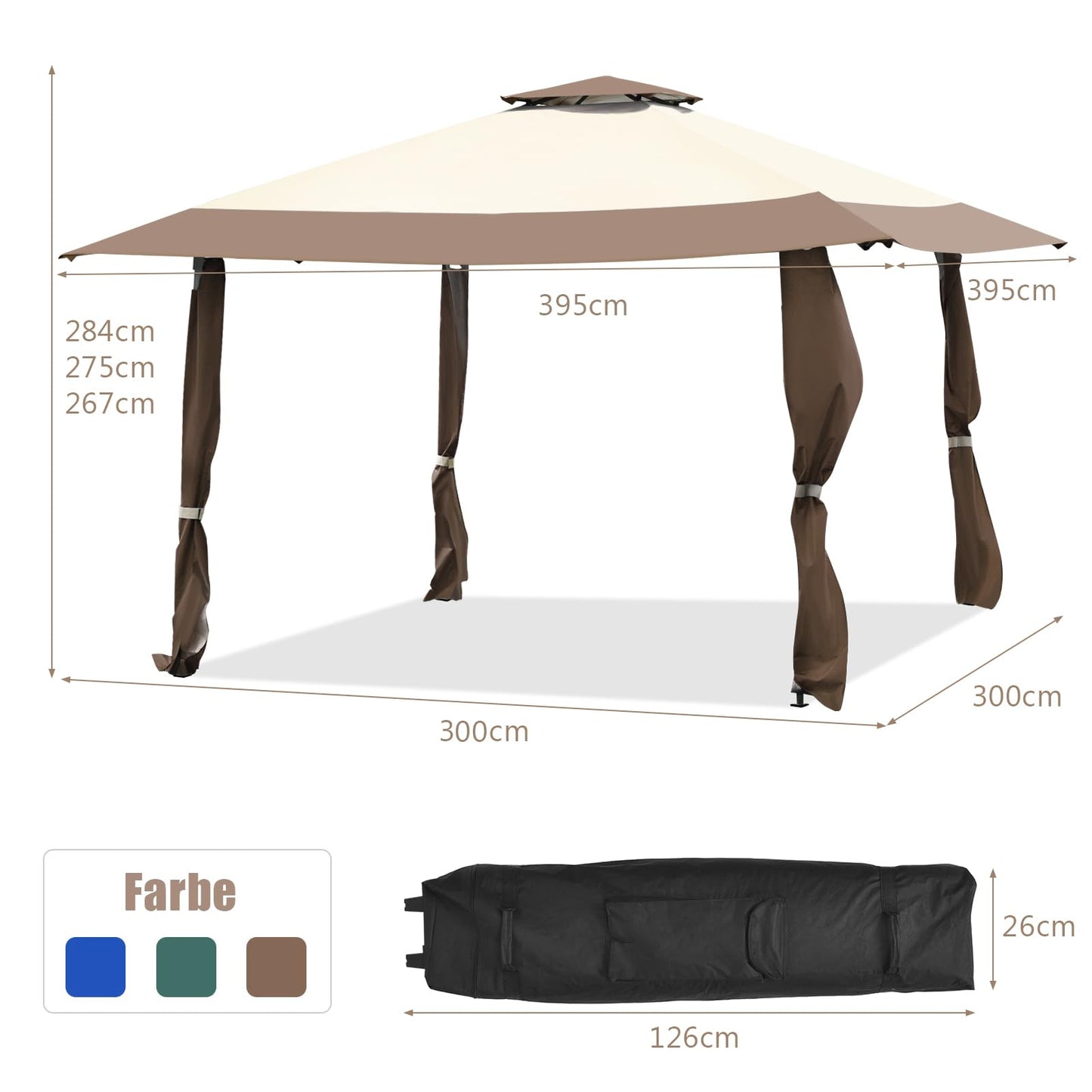 COSTWAY Gazebo 4 x 4 m, Pop-Up Folding Gazebo with Double Roof, Waterproof, Stable, UV Protection 50+, Garden Gazebo with Carry Bag on Wheels, Garden Tent for Patio, Garden (Grey)