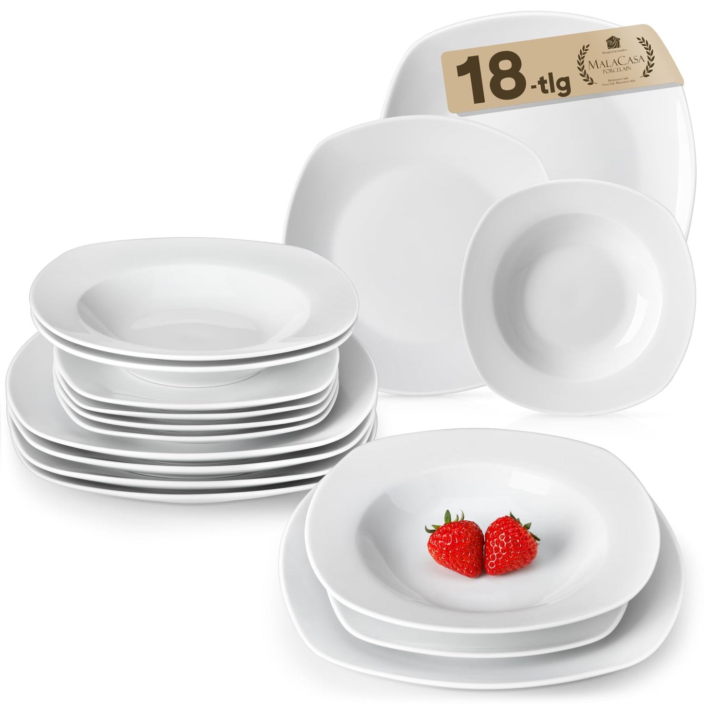 MALACASA Elisa Series Crockery Set for 12 People, 48-Piece Plate Set, Dinner Service Set with 12 Soup Plates, 12 Cake Plates, 12 Dinner Plates and 12 Cereal Bowls, Porcelain Crockery Set in Light Grey