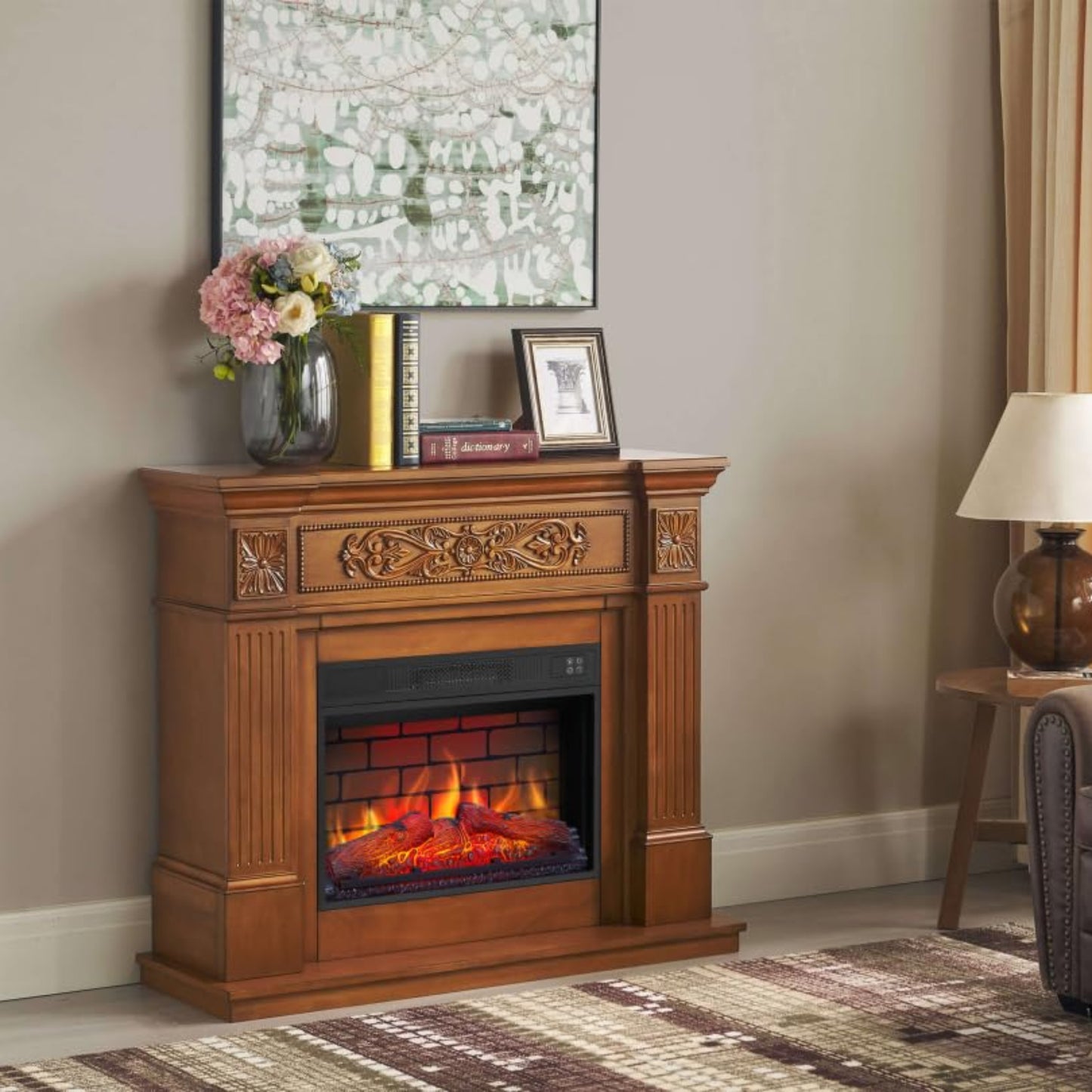 Toscana AF23BS Electric Fireplace with Heater 1800 W, Realistic 3D Flame Effect, LED Lighting, Remote Control, Timer, Thermostat, Crinkle Effect, MDF (Oak)