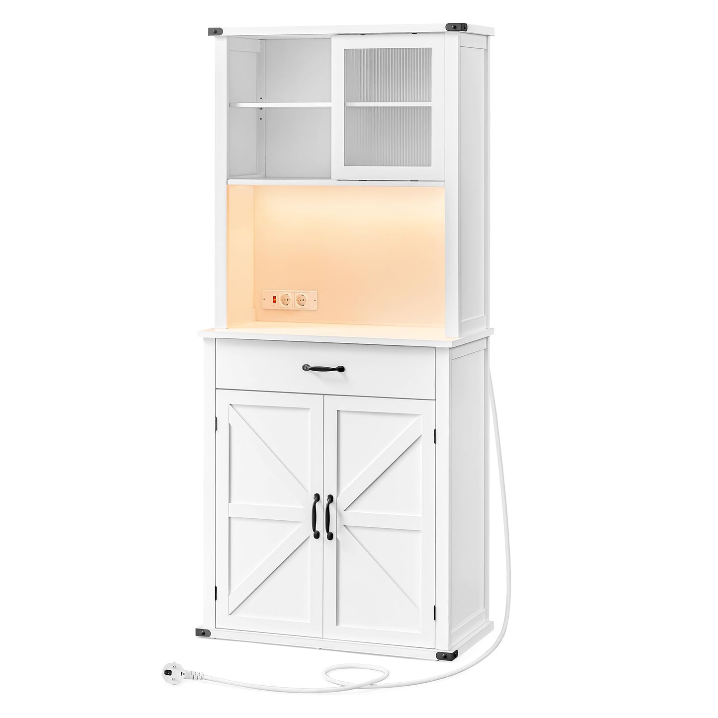 VASAGLE Sideboard with Lighting and Charging Station Kitchen Cabinet Storage Cabinet with Doors and Drawers 39.5 x 106.5 x 180.6 cm Adjustable Shelves Country Style Vintage White BBK391W02