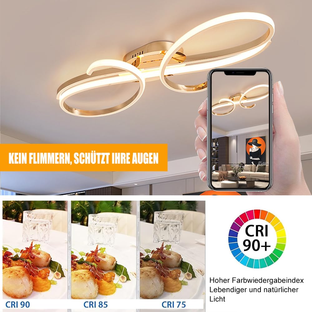 WSXEDC Moderne Kreative LED Deckenleuchte Dimmbare Metall Chrom für die Augenpflege Deckenlampe Mit Fernbedienung für Wohnzimmer Schlafzimmer Esszimmer Flure Gold 60cm