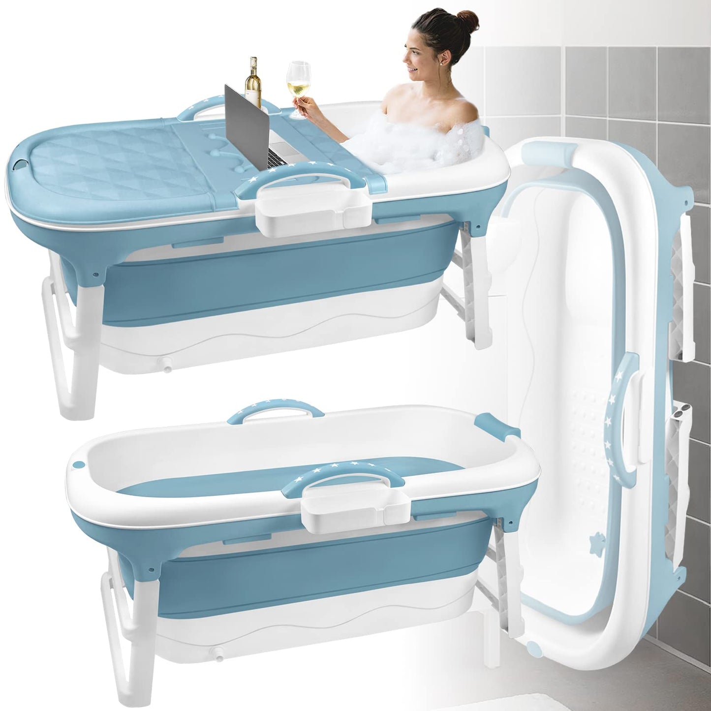 LARS360 Foldable Bathtub, Adult, Travel Bathtub, Folding Bathtub with Removable Cover, Soap Basket, Massage Rollers, Mobile Bathtub for Small Bathroom (118 x 62 x 53 cm)