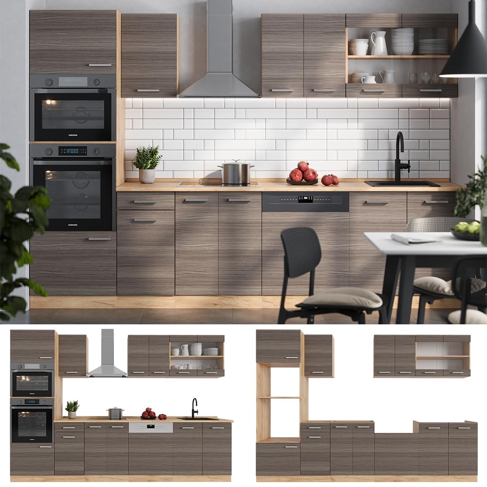 Vicco R-Line Kitchen Unit, High-Gloss Anthracite/Goldkraft Oak, 300 cm with Tall Cabinet, without Worktop