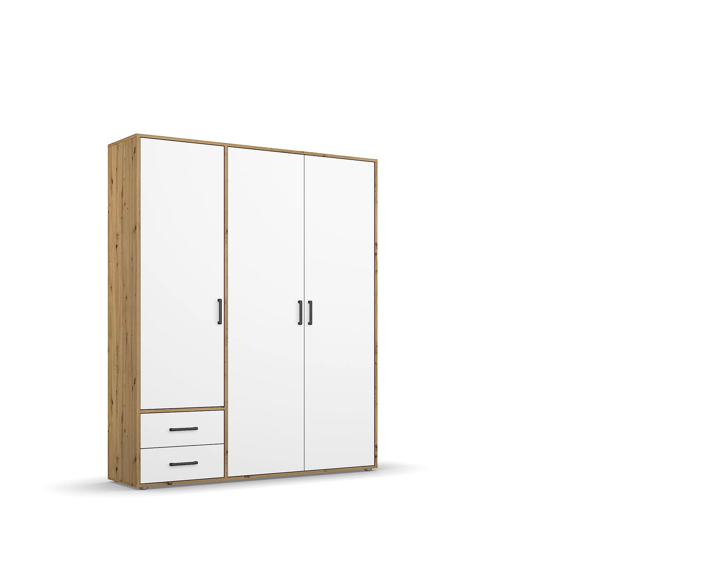 Rauch Möbel Voyager Hinged Door Cupboard, Alpine White/Artisan Oak, Wood, 3 Doors with 2 Drawers, Includes 1 Clothes Rail, 3 Shelves, 140 x 194 x 53 cm (W x H x D)