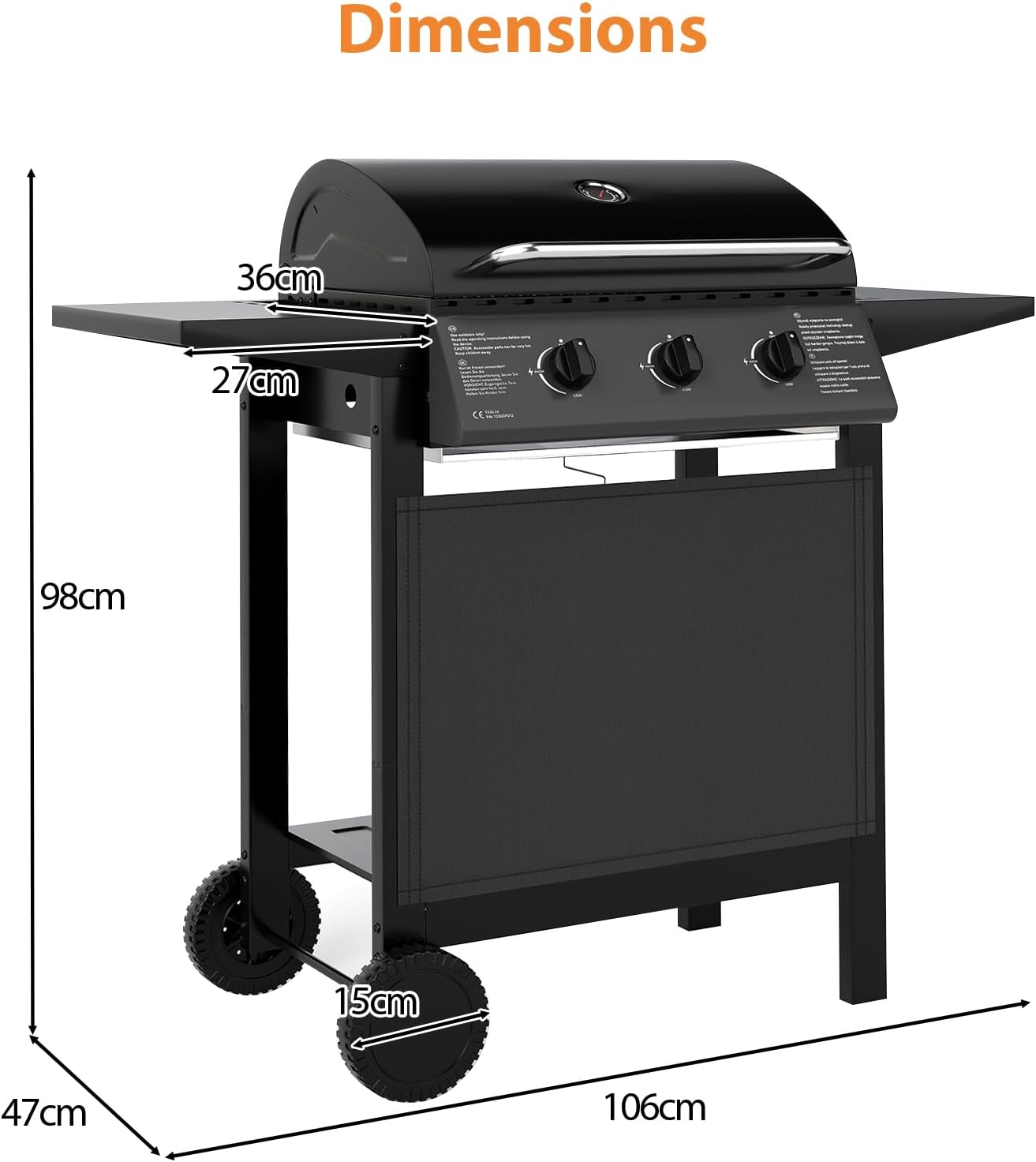 KOMFOTTEU Gas Barbecue with 3 Burners & Thermometer, 24,000 BTU, Outdoor Grill with 2 Side Plates, Cooking Grate, 2 Wheels, Garden Grill for Camping, Yard, 106 x 47 x 98 cm