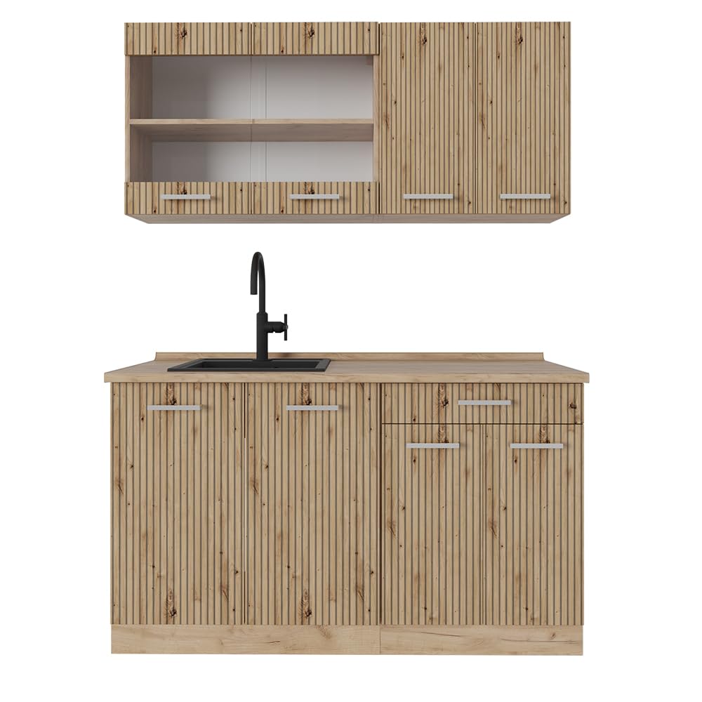 Vicco Single Kitchen R-Line, Black High Gloss / Gold Kraft Oak 140 cm, without Worktop