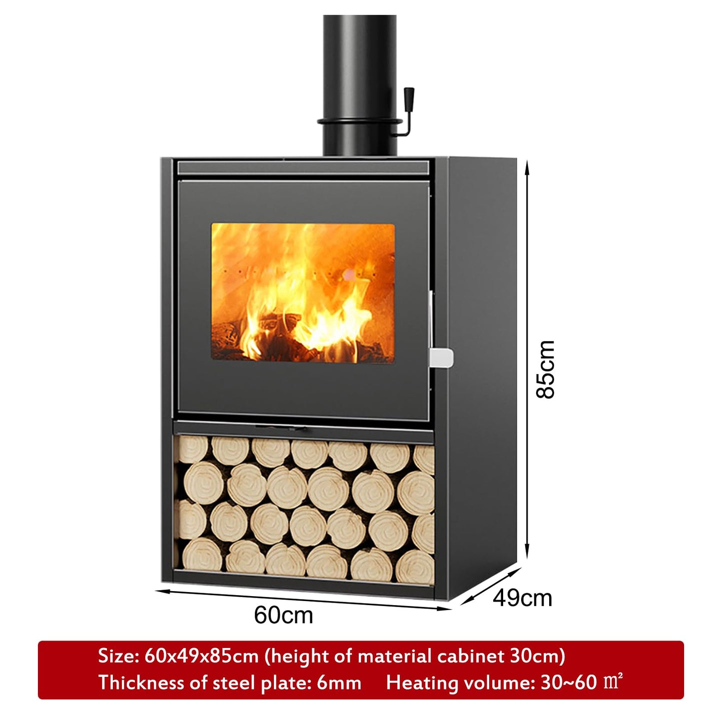 Fireplace Stove with Ceramic Glass Window, Workshop Stove, Continuous Burning Stove, Hut Stove, Heating Stove, Black, Wood Stove, Suitable for Hotel, Host Family, Villa Café (Size: 60 x 49 x