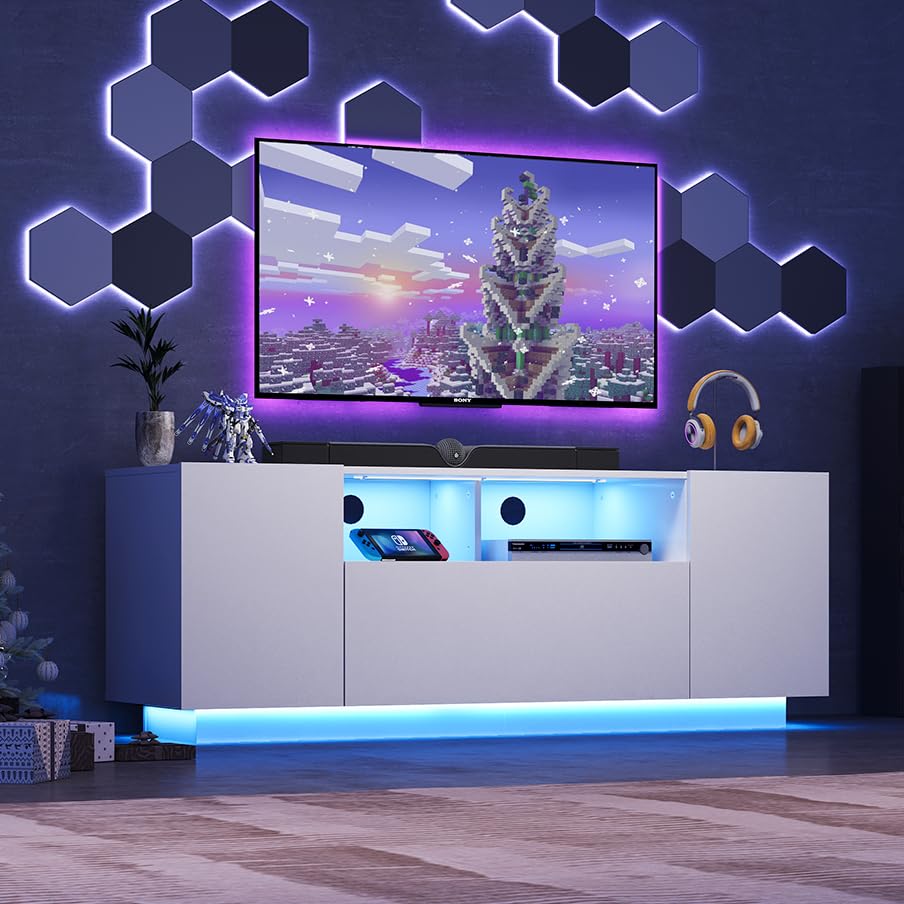 WLIVE TV Cabinet Black Lowboard High Gloss with 20 Colours LED Lighting, TV Board with Cabinets and 2 Open Surfaces, TV Table with Folding Door, 122 x 36 x 45 cm, Black