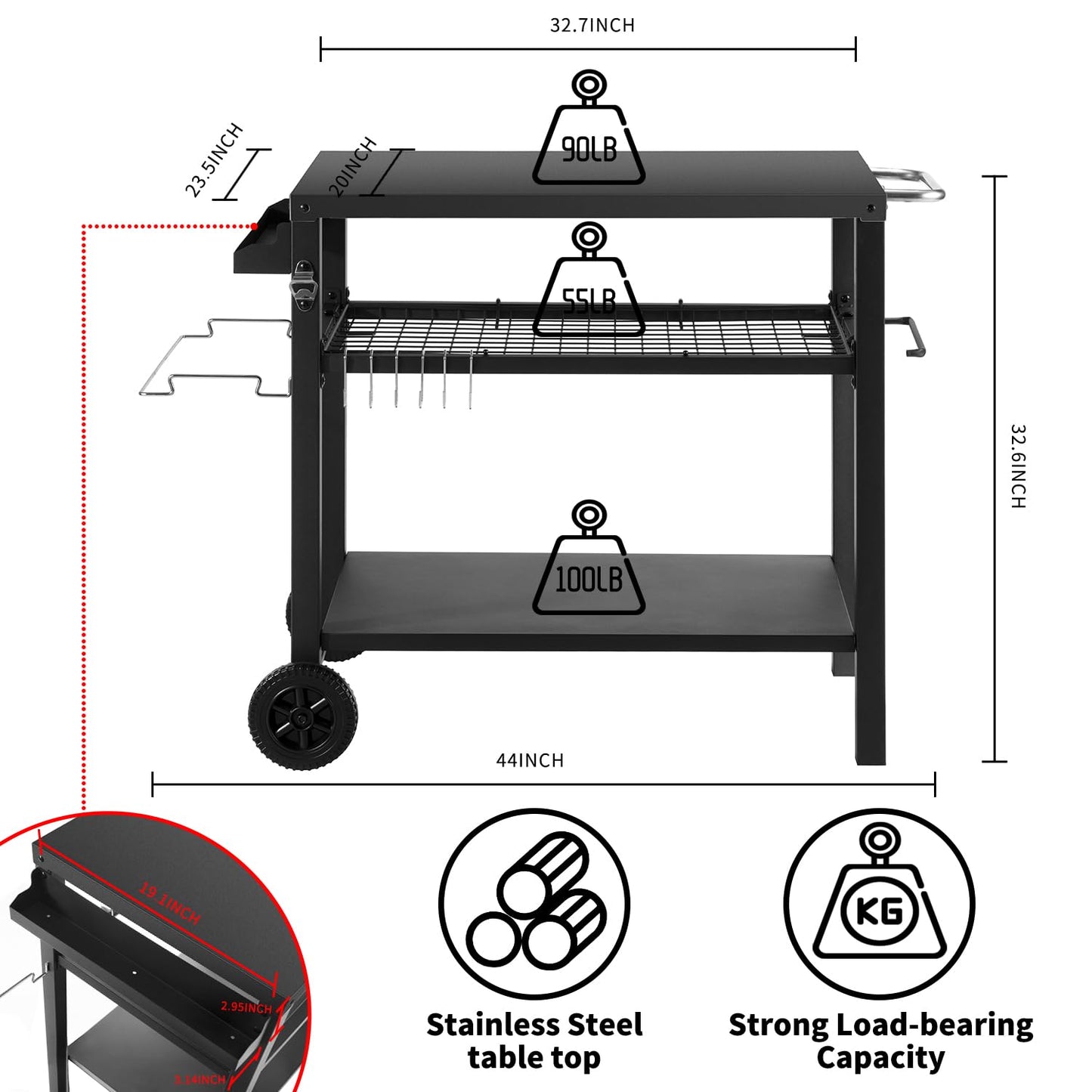 Barbecue Table with Large Work Surface | Grill Side Table, Outdoor Grill Trolley, Grill Table Outdoor, Stainless Steel Table Top, Outdoor Garden Trolley