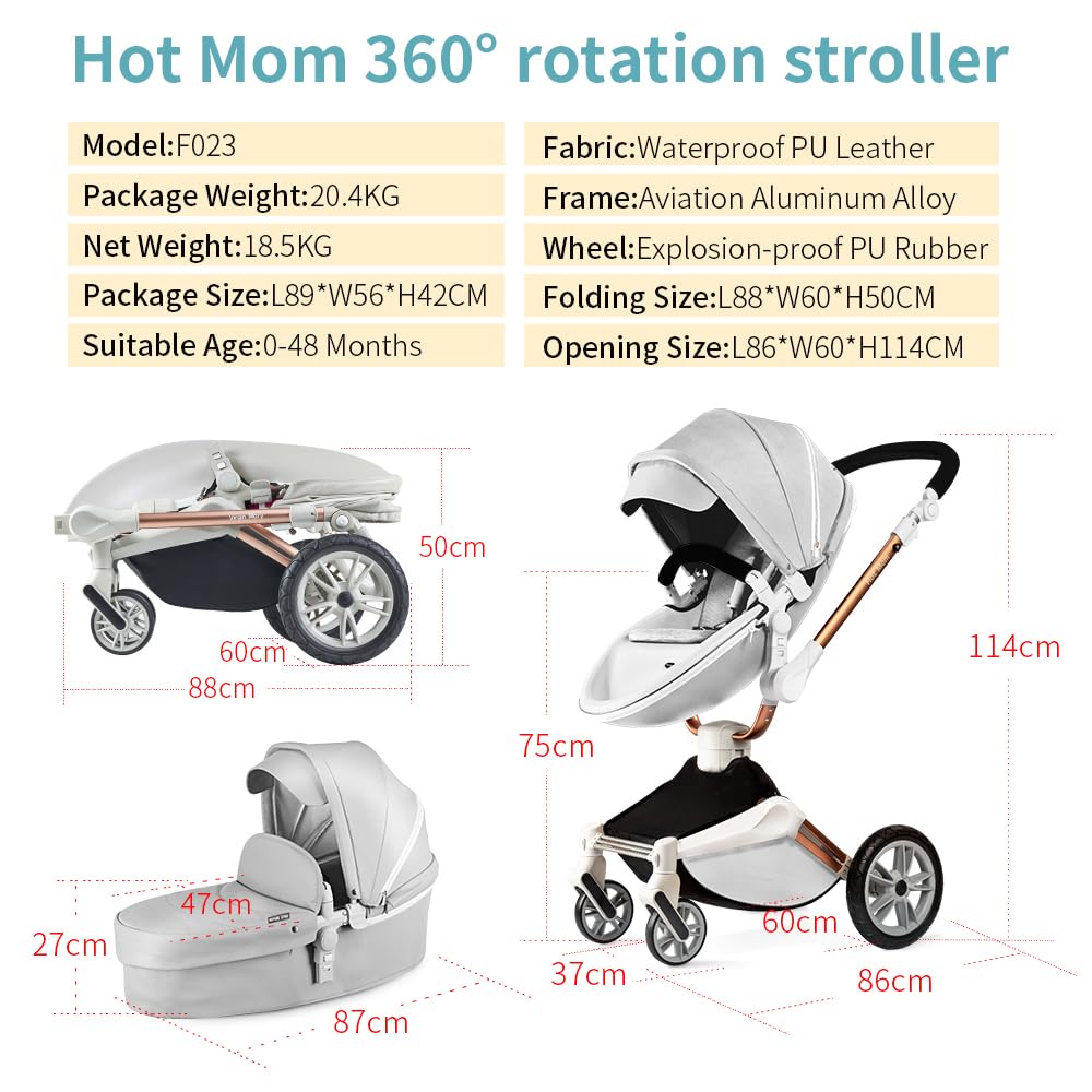 Hot Mom Pram Set with 360° Rotation Function, Combination Pushchair 3-in-1 Equipped with PU Tyres and Faux Leather Seat and Many Other Accessories, Dark Grey