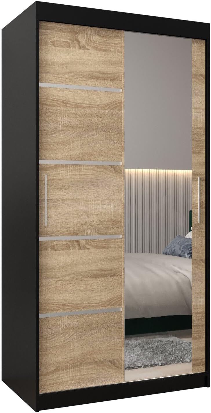 MEBLE KRYSPOL Verona 2, 250 cm Bedroom Wardrobe with Three Sliding Doors, Mirror, Clothes Rail and Shelves, 250 x 200 x 62 cm, Matt Black