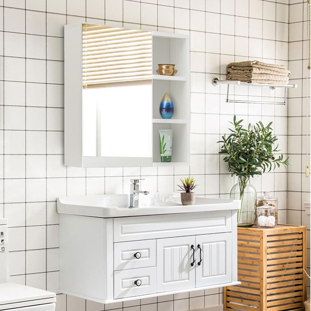 TUKAILAI Mirror Cabinet Bathroom Cabinet with 2 Toy Doors and Additional Shelf Storage Cabinet with Adjustable Shelves Wall Cabinet Medicine Cabinet Wall Cabinet for Bathroom White