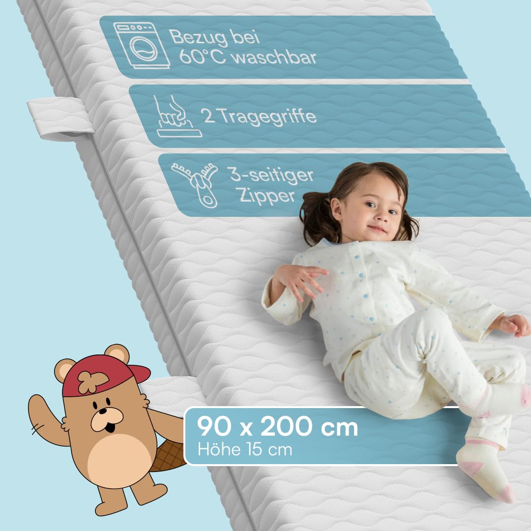 Bellabino Bia Children’s Bed, 90 x 200 cm, Children’s House Bed incl. Fall Protection and Rolled Slatted Frame, Montessori Floor Bed, White, Solid Pine Wood