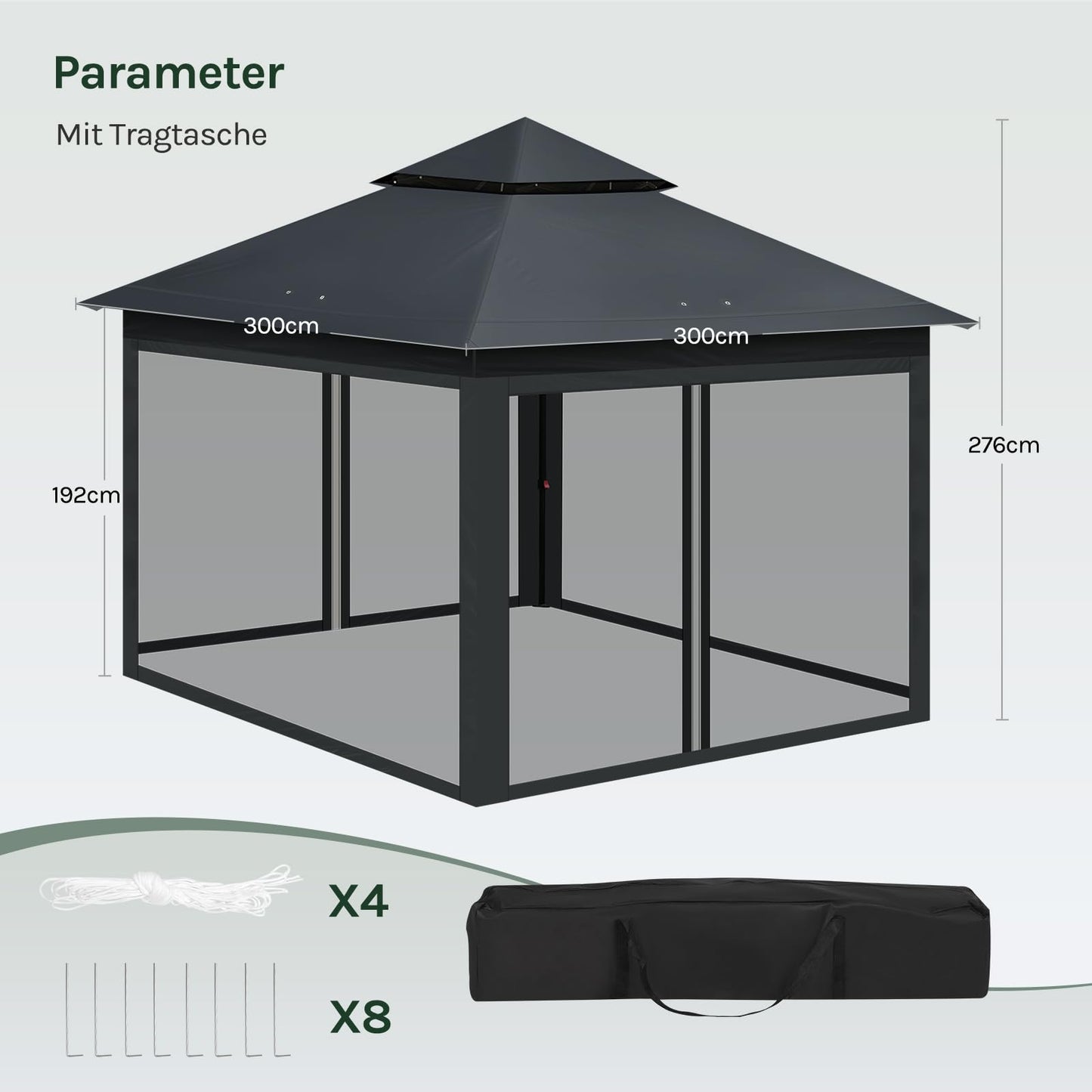 WOLTU Pavillon 3x3 m, Faltpavillon mit Moskitonetz, Partyzelt wasserdicht stabil, höhenverstellbares Partyzelt UV-Schutz, Gartenpavillon mit 4 Seitenteilen, Festzelt mit Tragtasche, Anthrazit