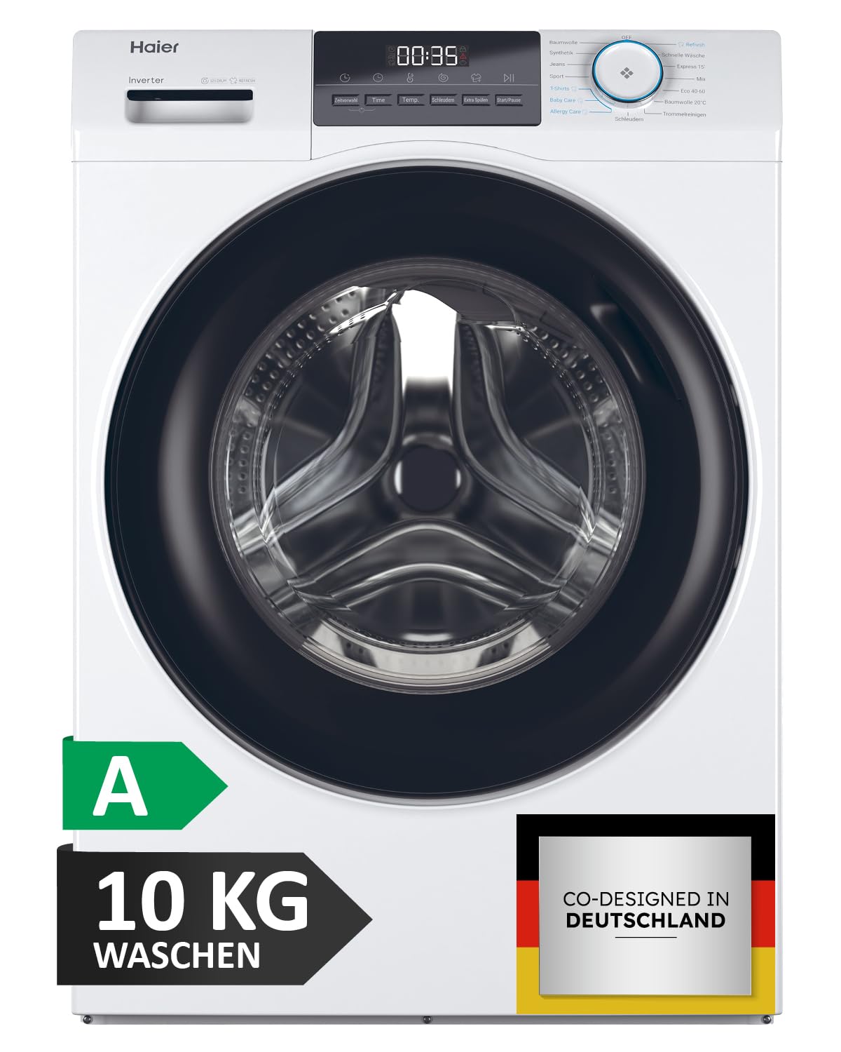 Haier I-Pro Series 1 HW100-BP14929 Washing Machine, 10 kg, A: Best Efficiency, Inverter Motor, Steam Programmes, XL Drum, Aquastop Hose