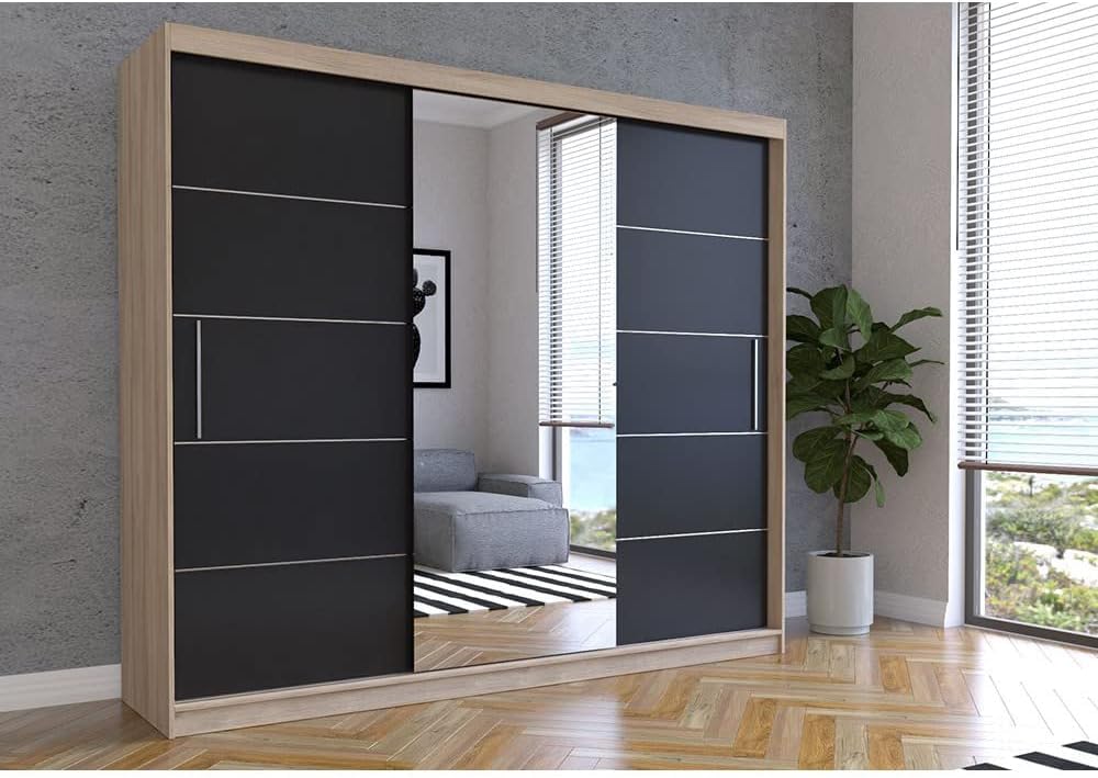 Fabryka Mebli Idźczak Kleiderschrank mit Spiegel, Schiebetüren - Weißer Schwebetürenschrank, Schlafzimmerschrank - ‎61 x 250 x 218 cm - Schrank für Schlafzimmer, Wohnzimmer, Garderobe