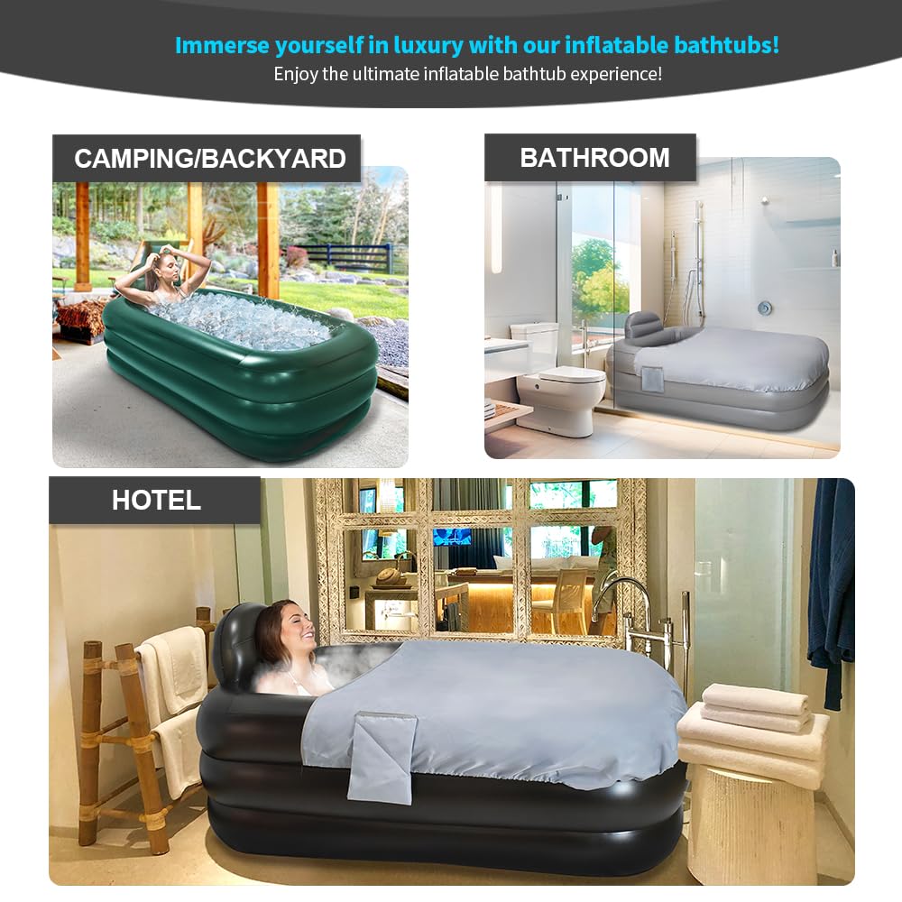 Nevife Inflatable Bathtub with Heat Protection Cover Cloth & Comfort Base, Foldable Adult Bathtub for Spa, Ice Baths, Camping - Includes Hand Pump, XL (158 x 95 x 45 cm)