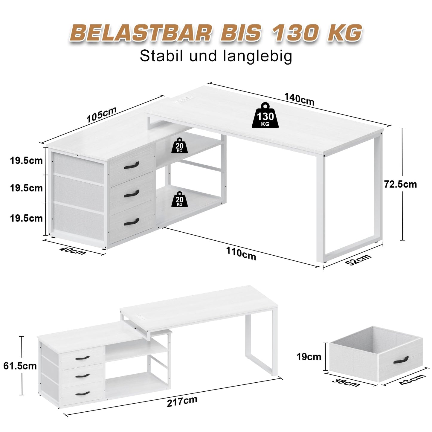 Desk l Shape with 3 Drawers & Storage Space, 140 x 105 x 75 cm Reversible Corner Desk, L-Shaped Desk with 2 USB Charging Ports and 2 Sockets, White